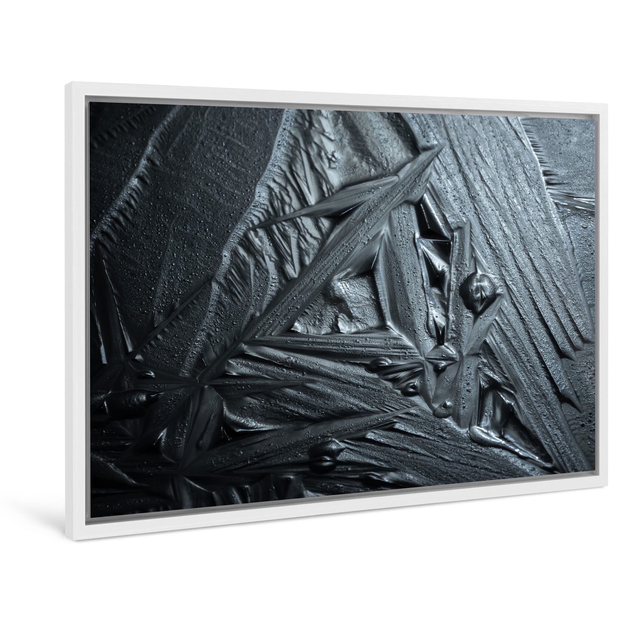 Framed photo print of intricate, crystalline ice formations with a cast iron-like appearance