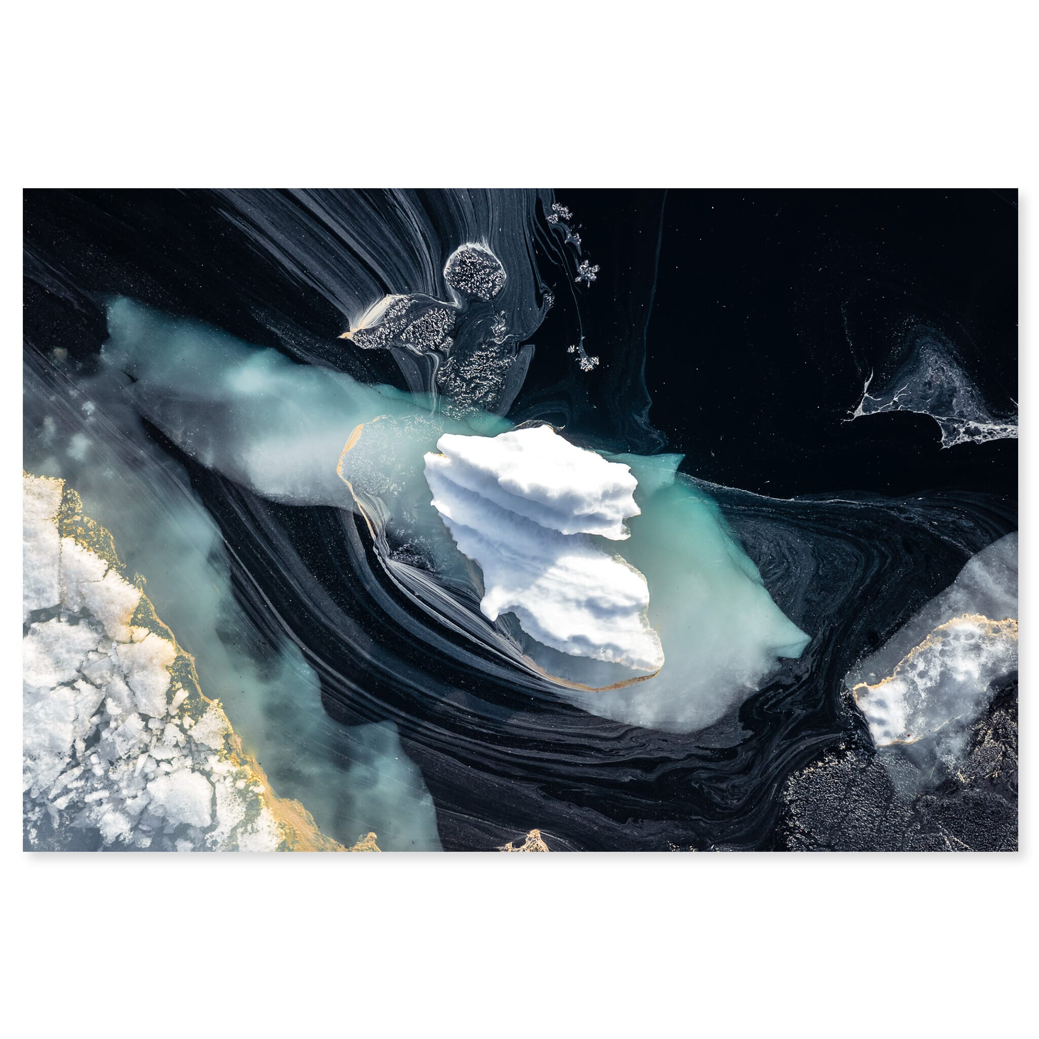 Fine art print of floating ice and yellow flower pollen on Ståvatn lake in Norway