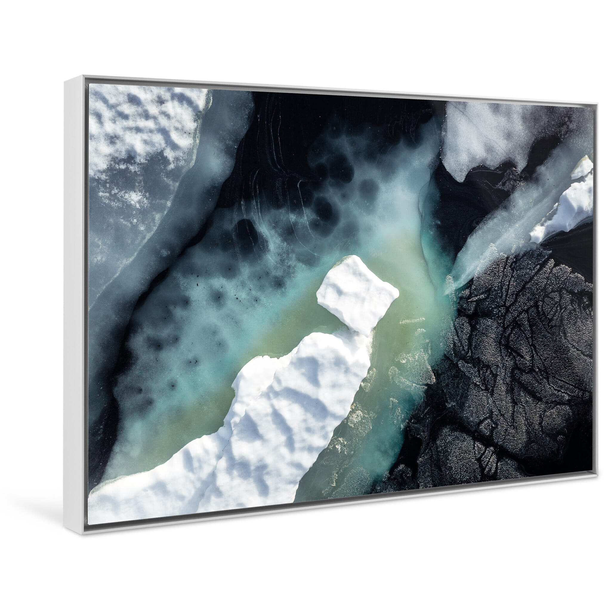 Framed photo print of cold lake surface shaped by ice pollen and drone movement