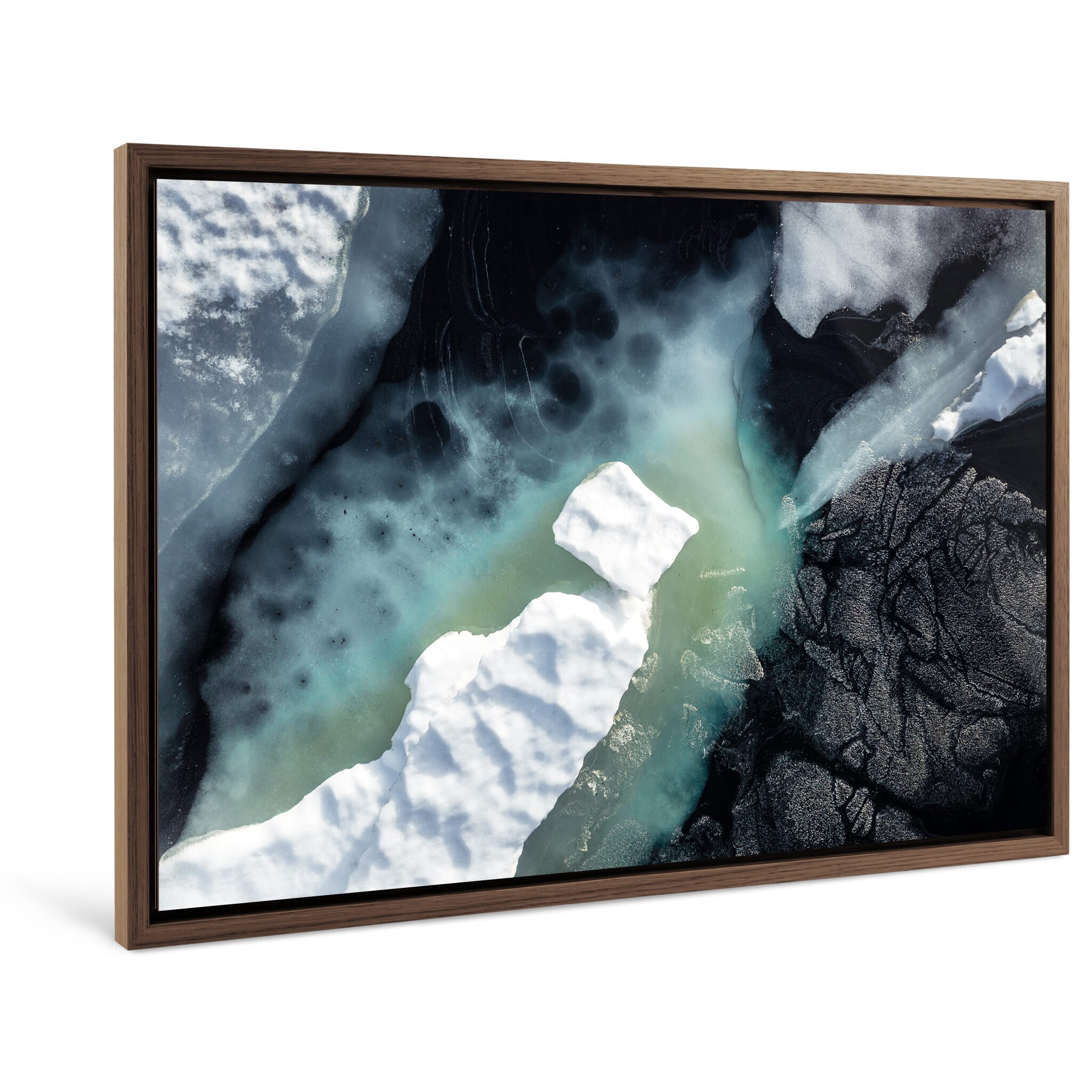 Framed photo print of aerial view showing pollen trails and icy water surface