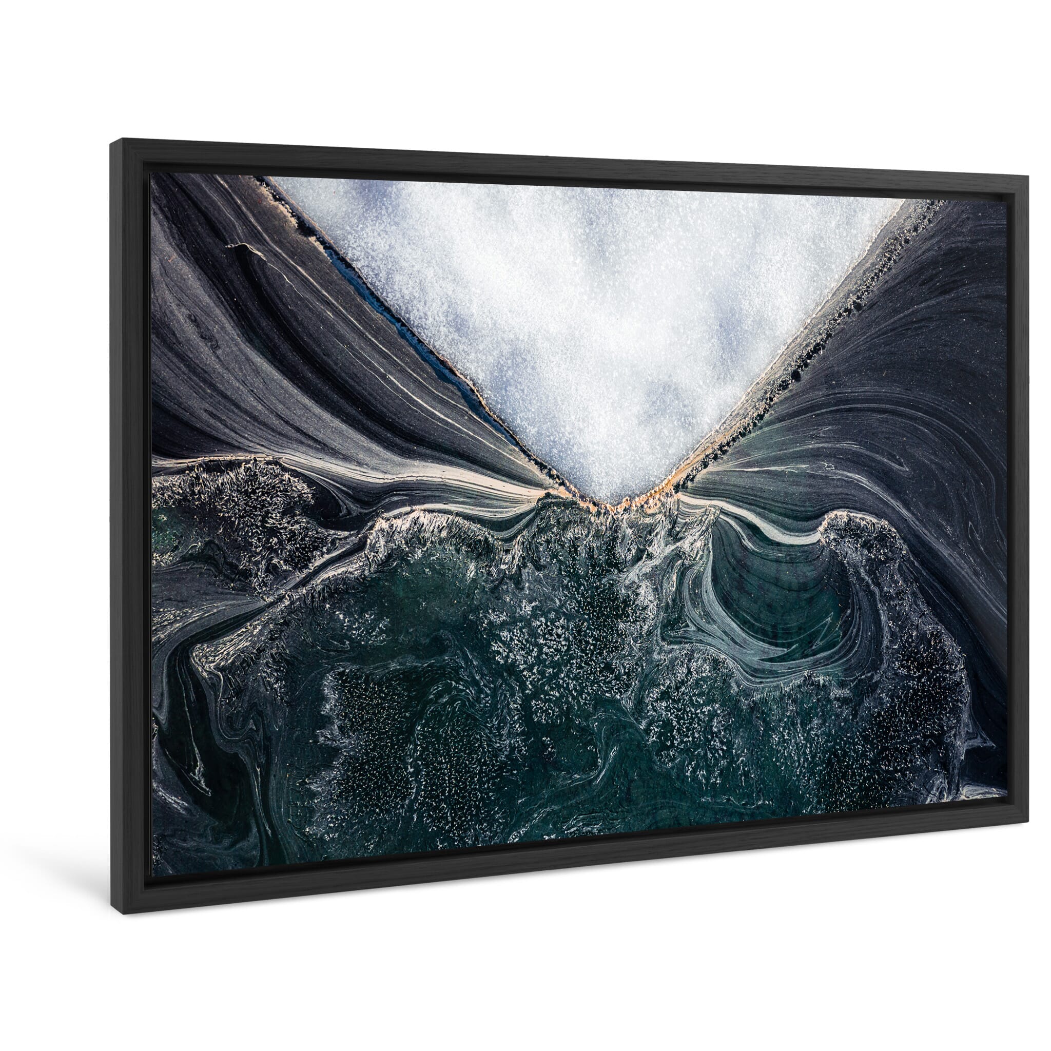 Framed photo print of an aerial view capturing winter’s slow retreat on a dark mountain lake