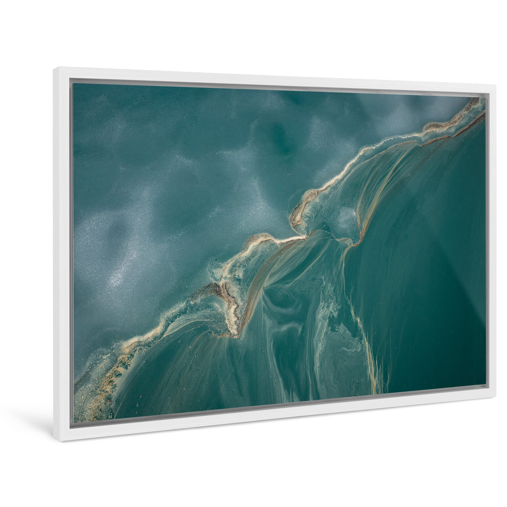 Framed photo print of abstract surface patterns formed by ice fragments and golden pollen