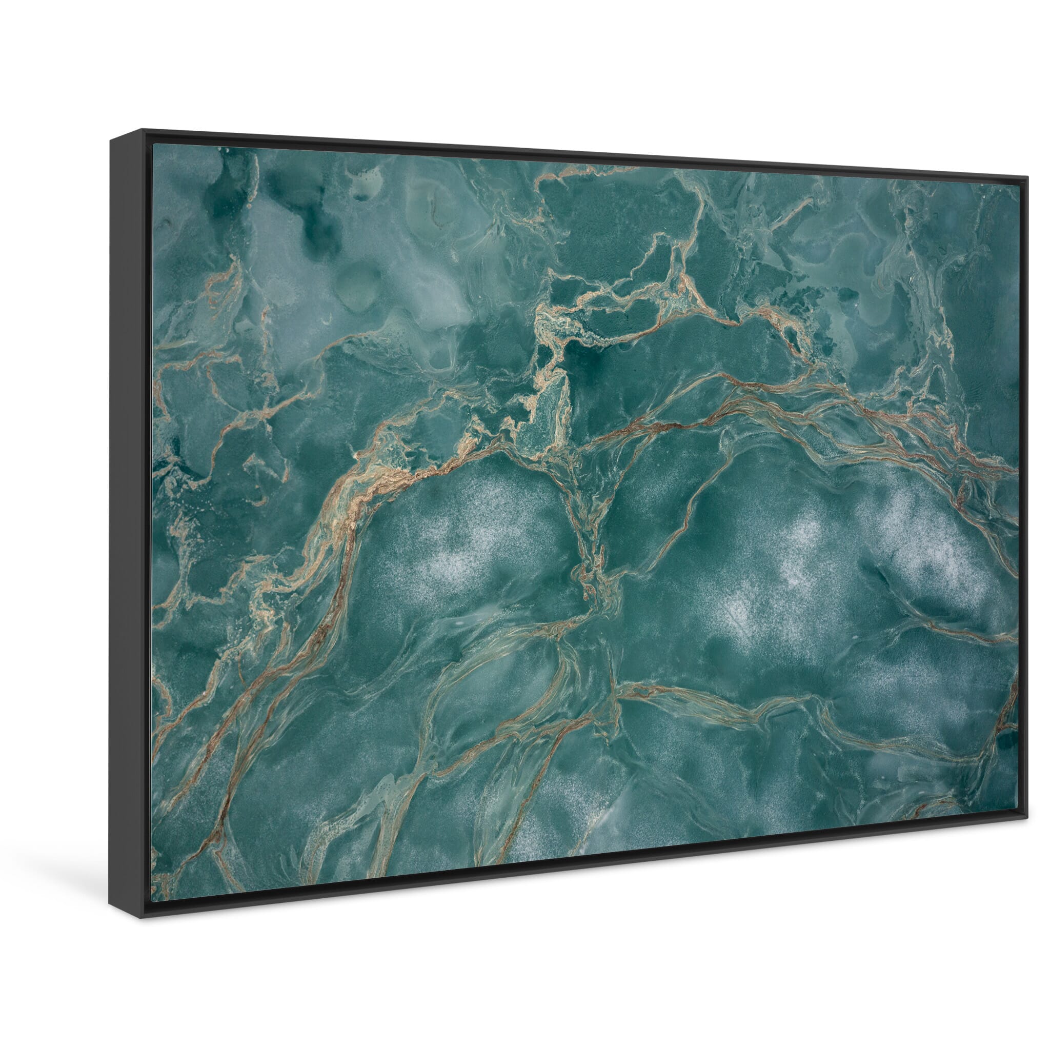 Framed photo print of floating ice fragments and organic swirls on mountain lake